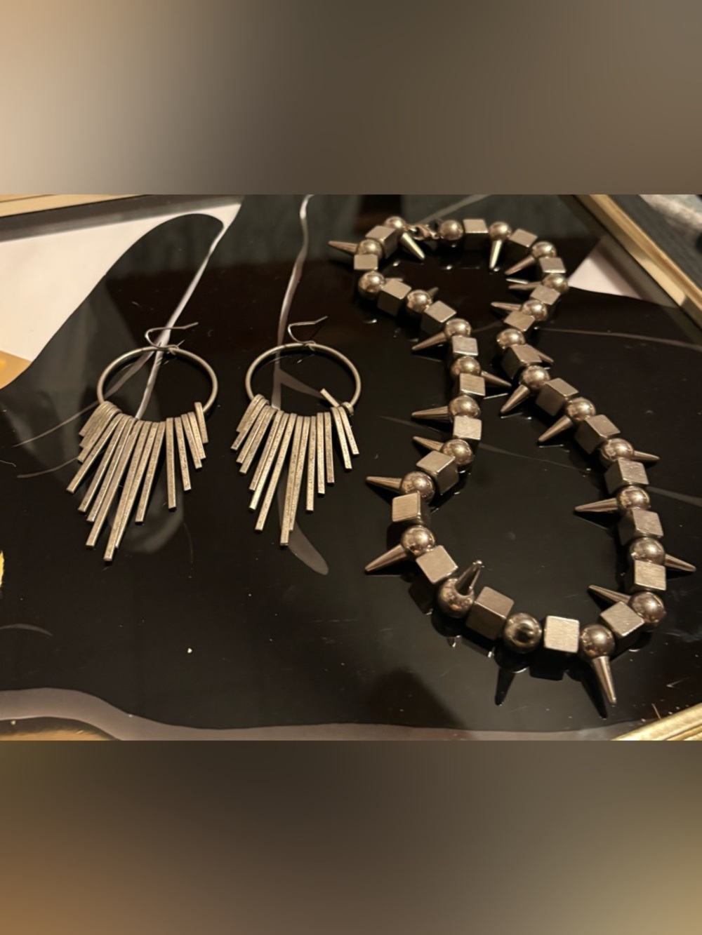 Heavy Silver Spike Necklace & Fringe Hoop Earrings Set #18